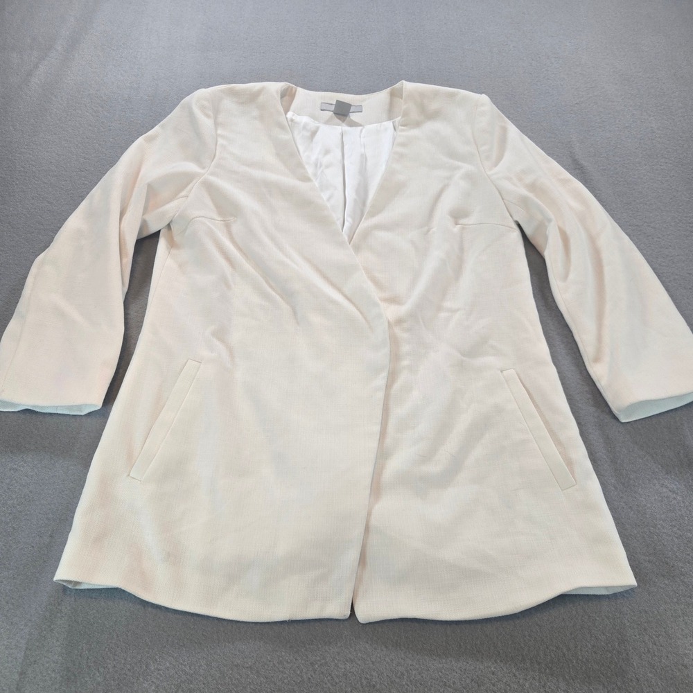 H&M‎ Blazer Jacket Womens 8 Cream Collarless V-Neck Textured Snap Closure Lined